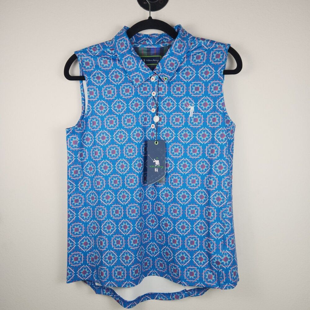 William Murray Polo Shirt Women's Performance Golf Floral Geo Tiles Blue NWT - M